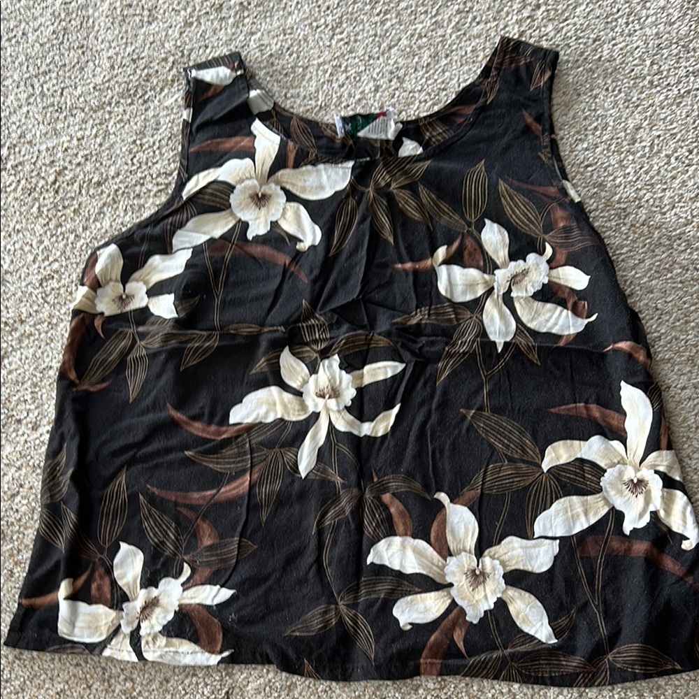 Karyl Kaye Aloha Print Black and White Floral Sleeveless Tank Top